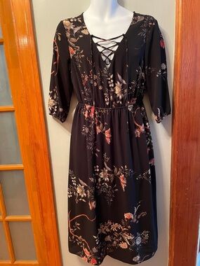 DEX Black Floral Lace-Up 3/4 Sleeve Summer Office Coastal Whimsigoth Midi Dress